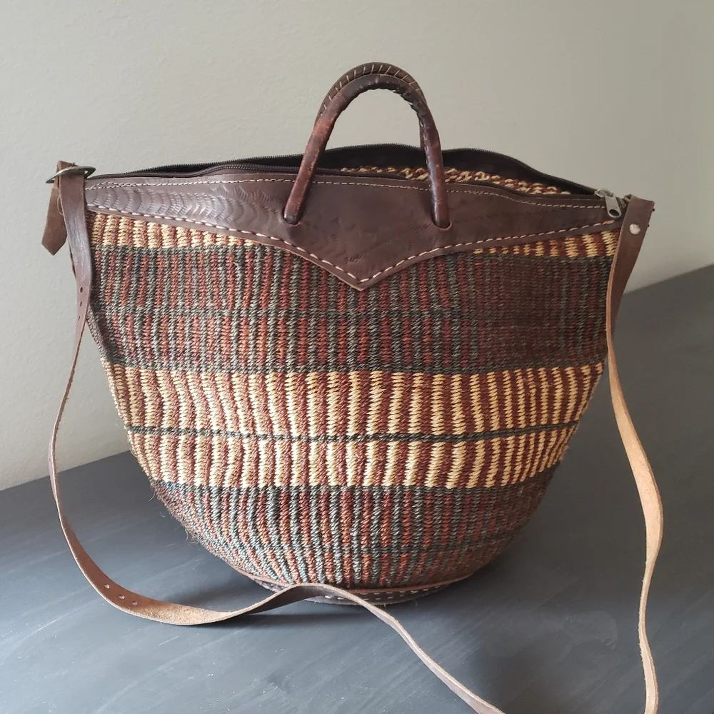 Handcrafted Brown and Tan Woven Tote Bag With Leather Handles - Picture 1 of 8